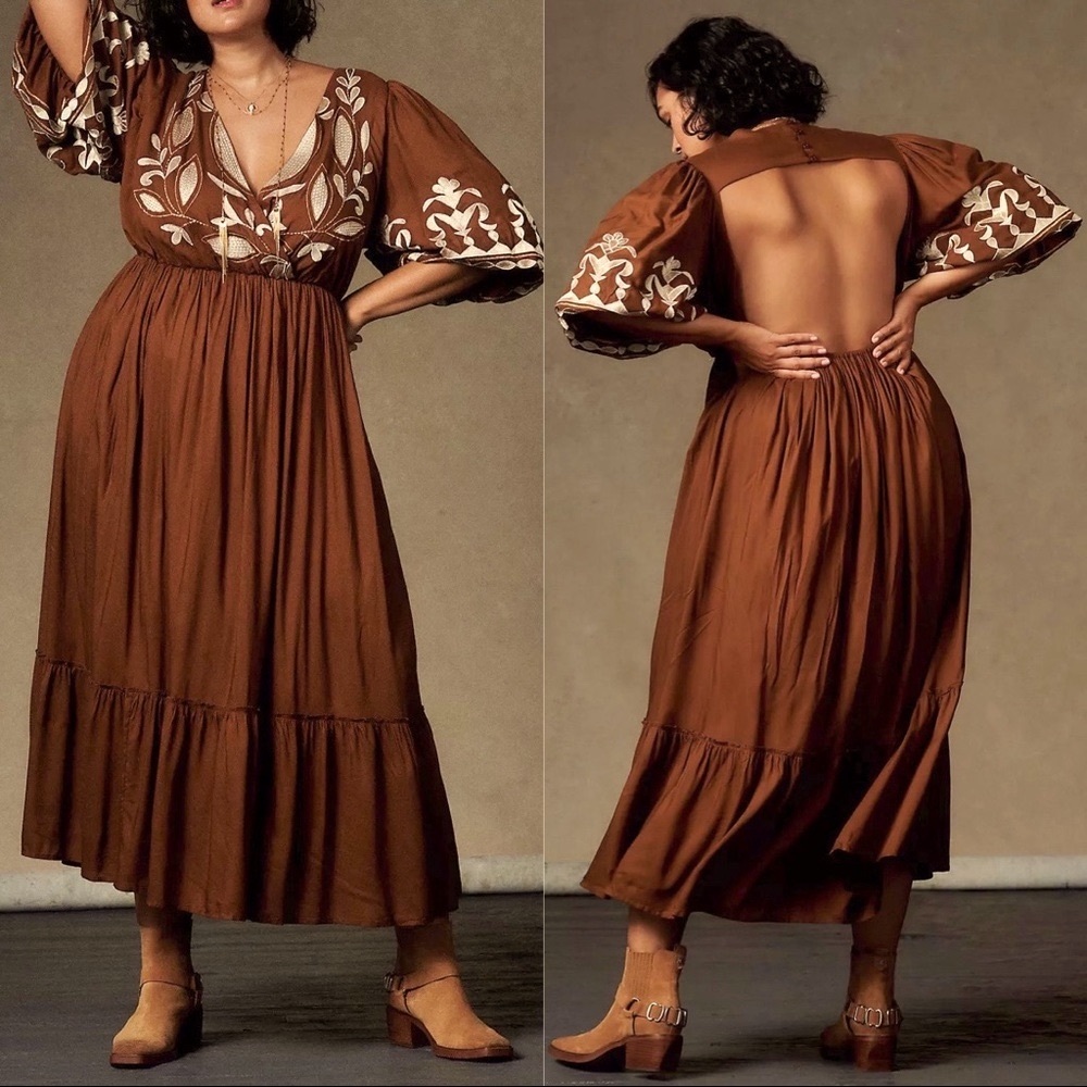 Anthropologie Let Me Be Embroidered Open-Back Maxi Dress Puff Sleeve Brown Cream